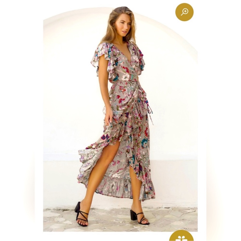 NEW BALIelf Made by Hand Carmen Wrap Short Sleeve Maxi Dress Beige Floral XL